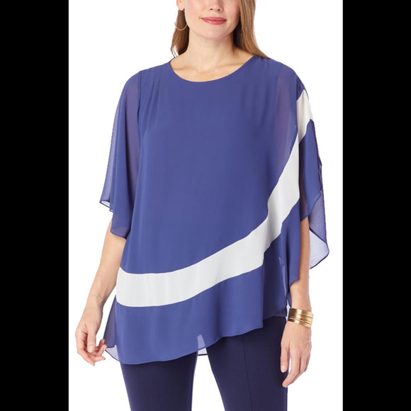 Colleen Lopez Tops - Colleen Lopez Colorblock Woven Poncho Indigo/Ivory - Regular
